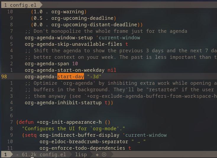 section of config for lang/org/config.el showing doom sets the variable org-agenda-start-day to -3d